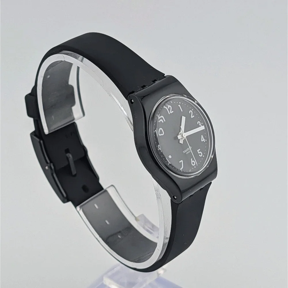 Swatch Swiss Black Quartz Watch White Arabic Numerals 25mm Classic Minimalist
